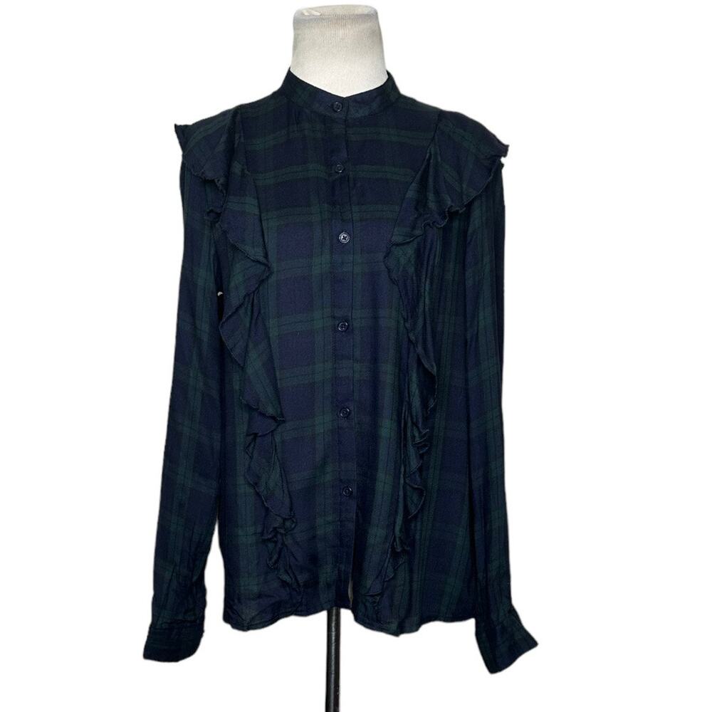 JustFab blue green plaid ruffled long sleeves button blouse size Small